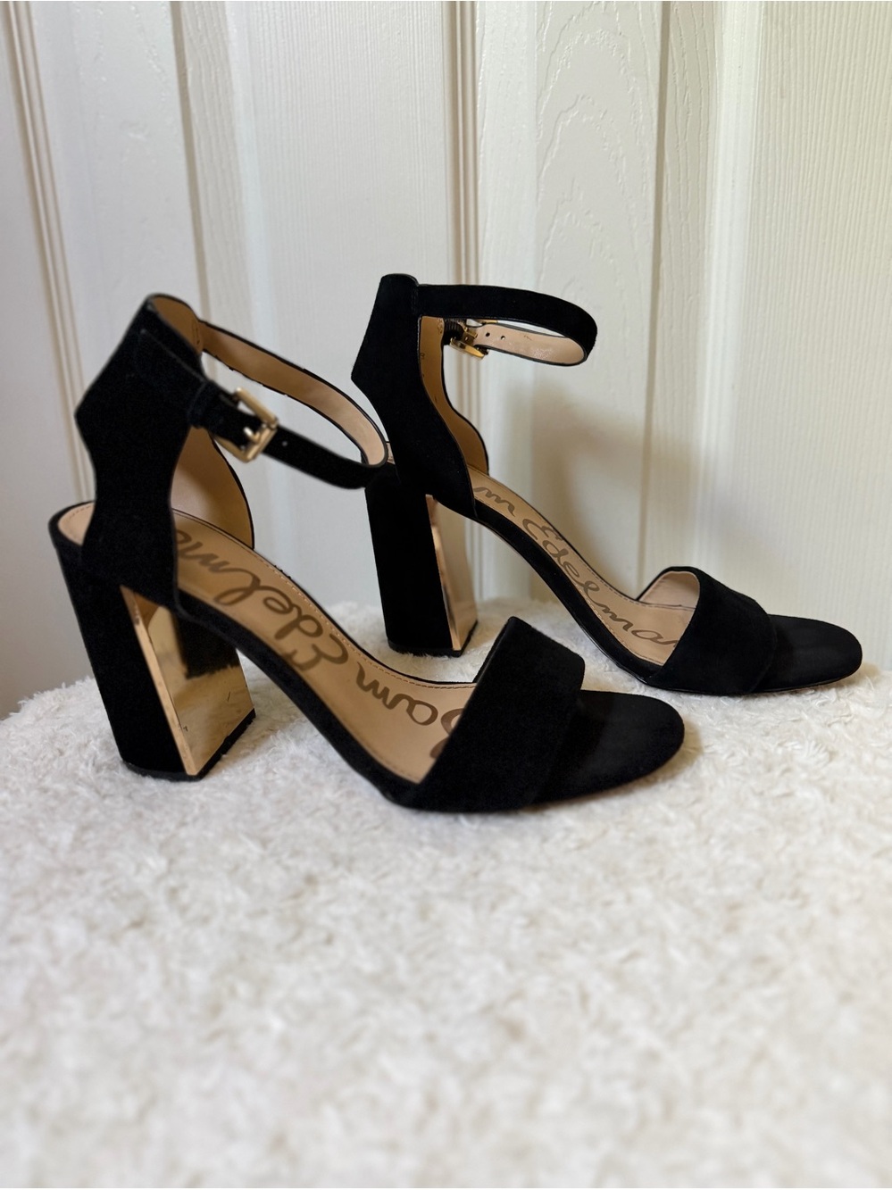 Sam Edelman Leather Upper Black Block Heels Ankle-Strap with Gold Accent Size8.5